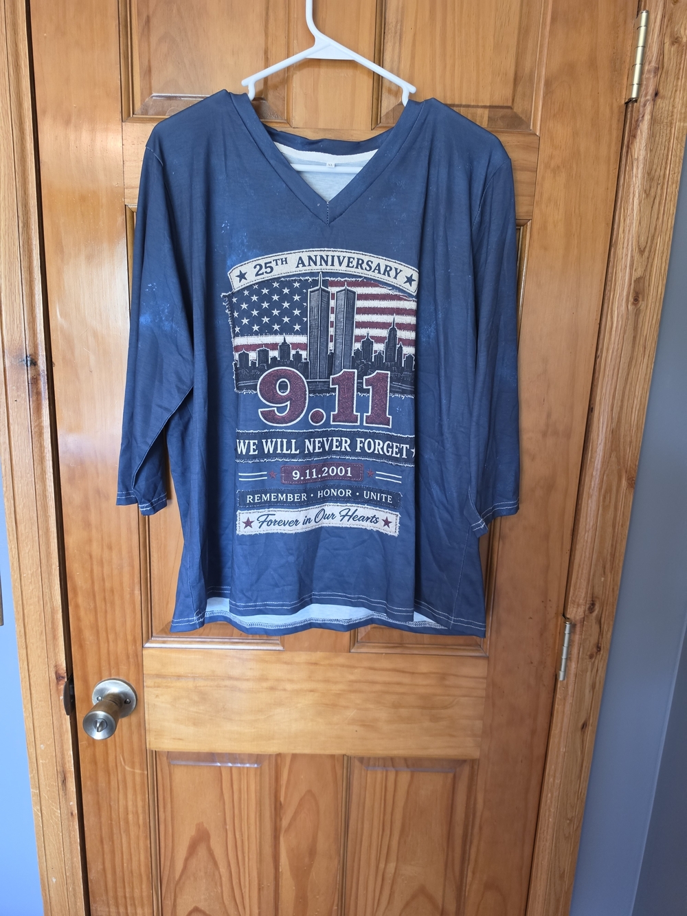 Women’s Blue Long Sleeve V-Neck Tee - We Will Never Forget Graphic